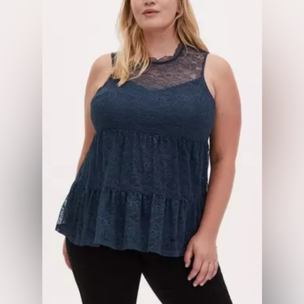 Torrid Lace Mock Neck Shirred Hem Sleeveless Top in Midnight‎ Teal Blue - 4X